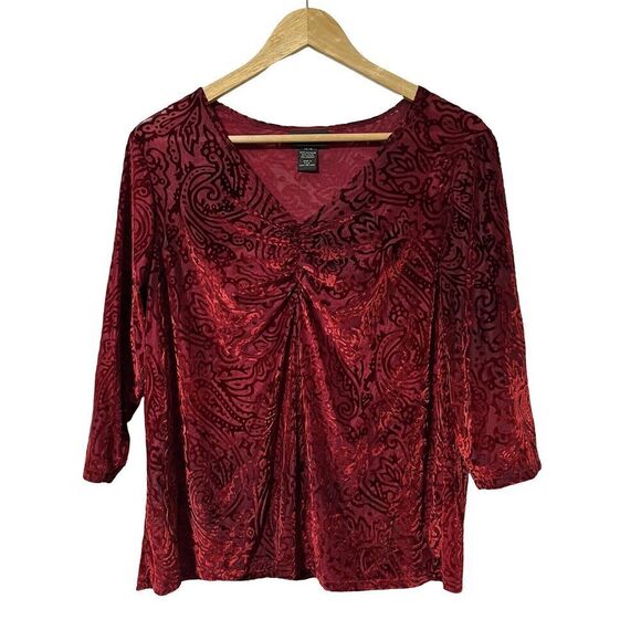 Lane Bryant Velvet Burnout Top Size XL Red 3/4 Sleeve Semi Sheer Whimsigoth - Picture 1 of 7
